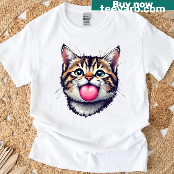 Cartoon cat face chewing gum on a humorous T-shirt