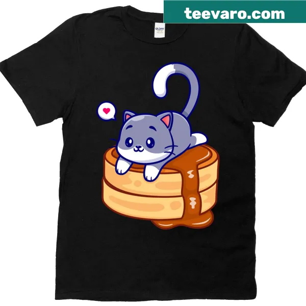 Adorable cat with pancakes design for a fun Pancake Day t-shirt