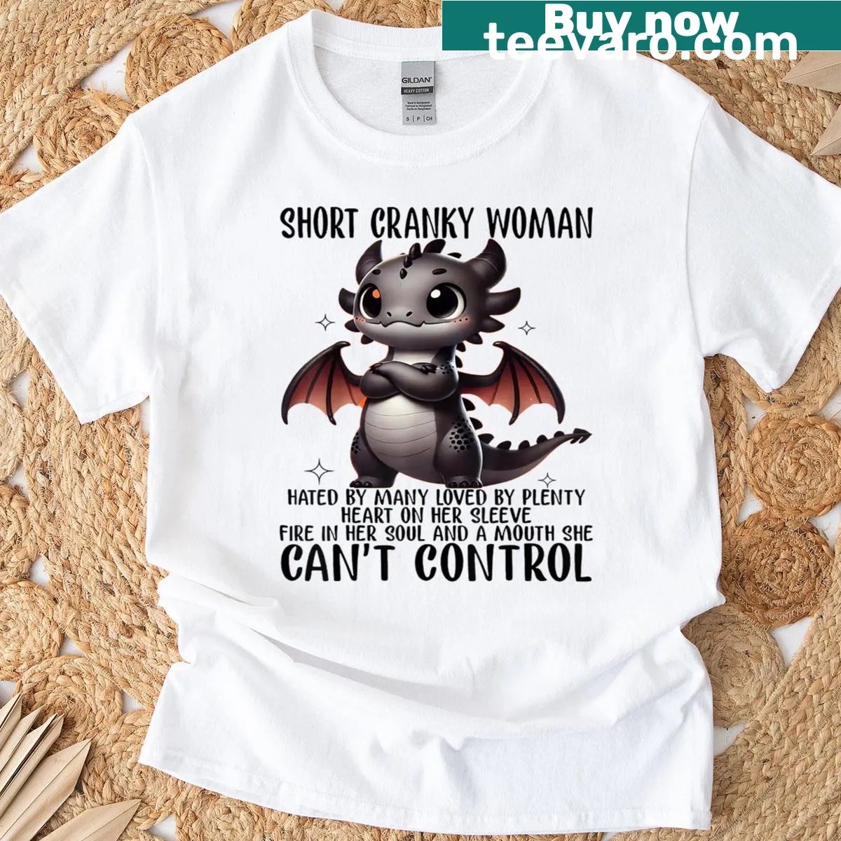 Cute dragon cartoon t-shirt featuring a cranky woman — on a men's t-shirt