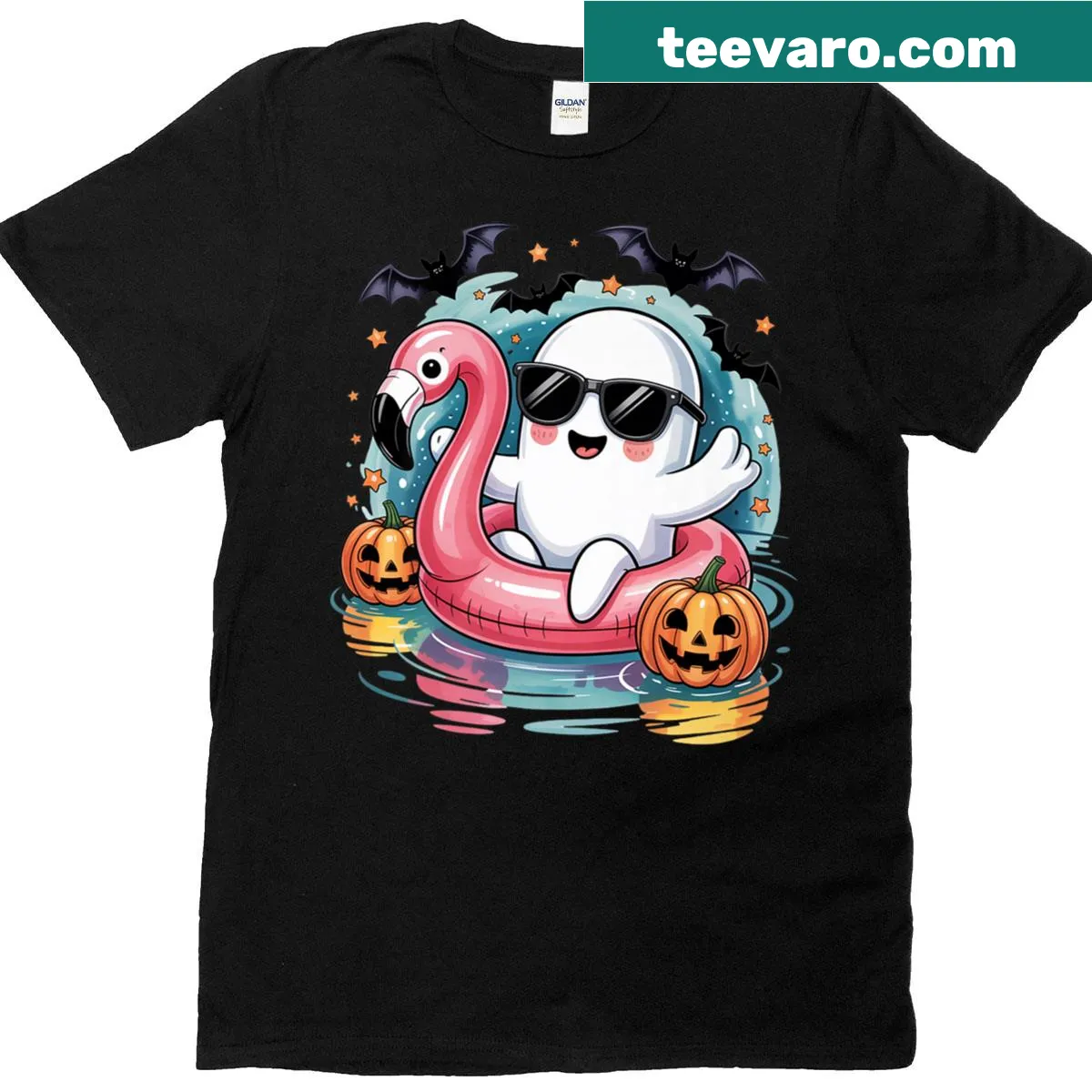 Cute ghost illustration drinking coffee for Halloween design shirt — on a men's t-shirt