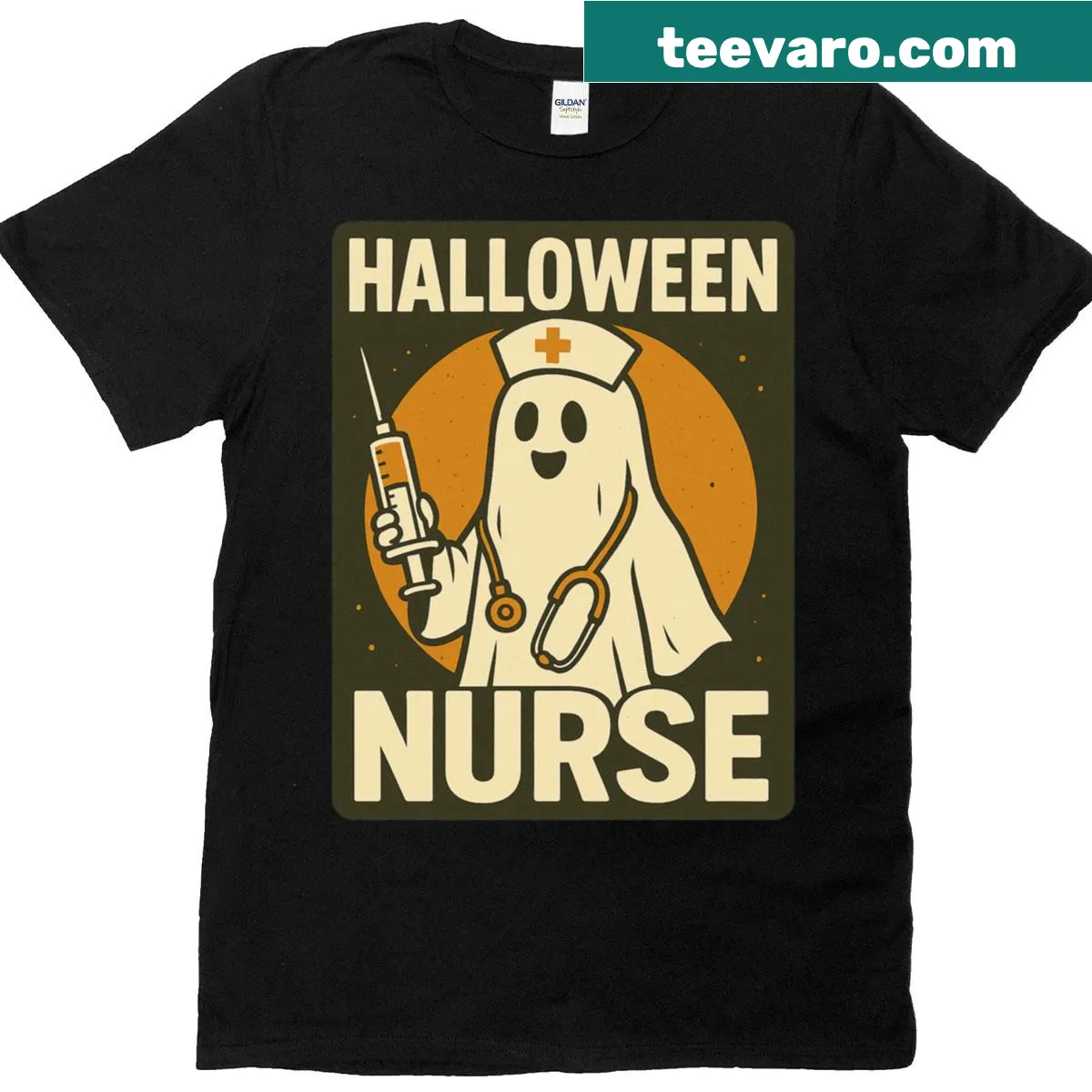 Cartoon ghost nurse with a syringe and stethoscope — on a men's t-shirt