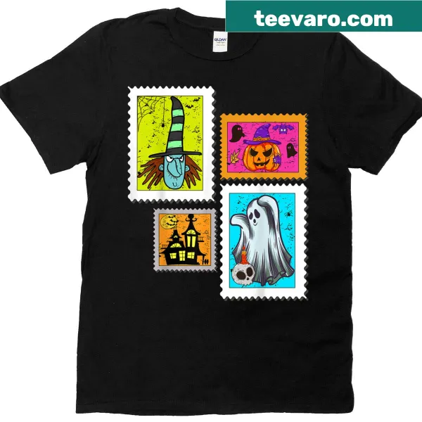 Cute Halloween vintage postage stamp designs on t-shirt