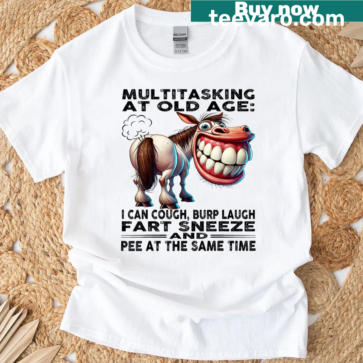 Funny horse cartoon t-shirt with a humorous saying about aging — on a men's t-shirt