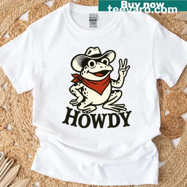 Cartoon frog character in cowboy attire on a t-shirt