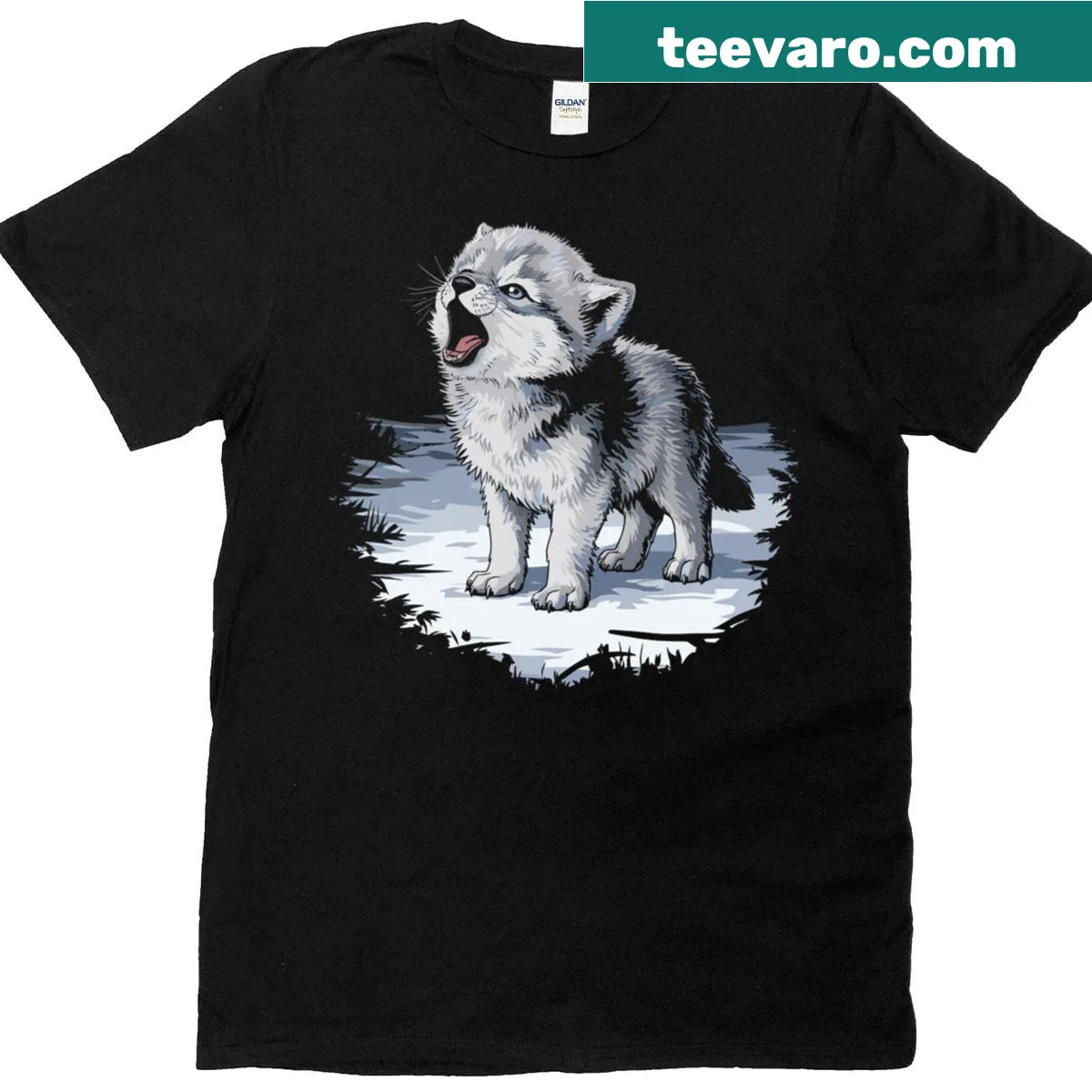 Cartoon wolf howling at the moon on kids' t-shirt — on a men's t-shirt