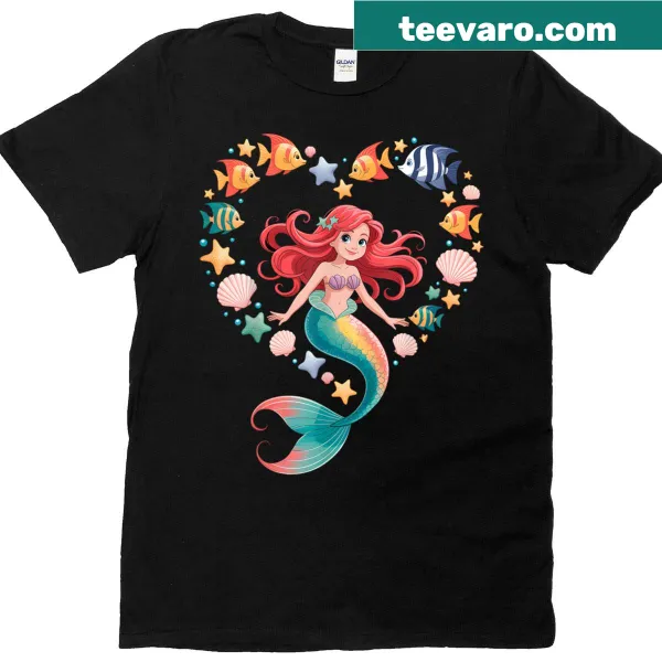 Cartoon mermaid surrounded by hearts and waves on kids' t-shirt