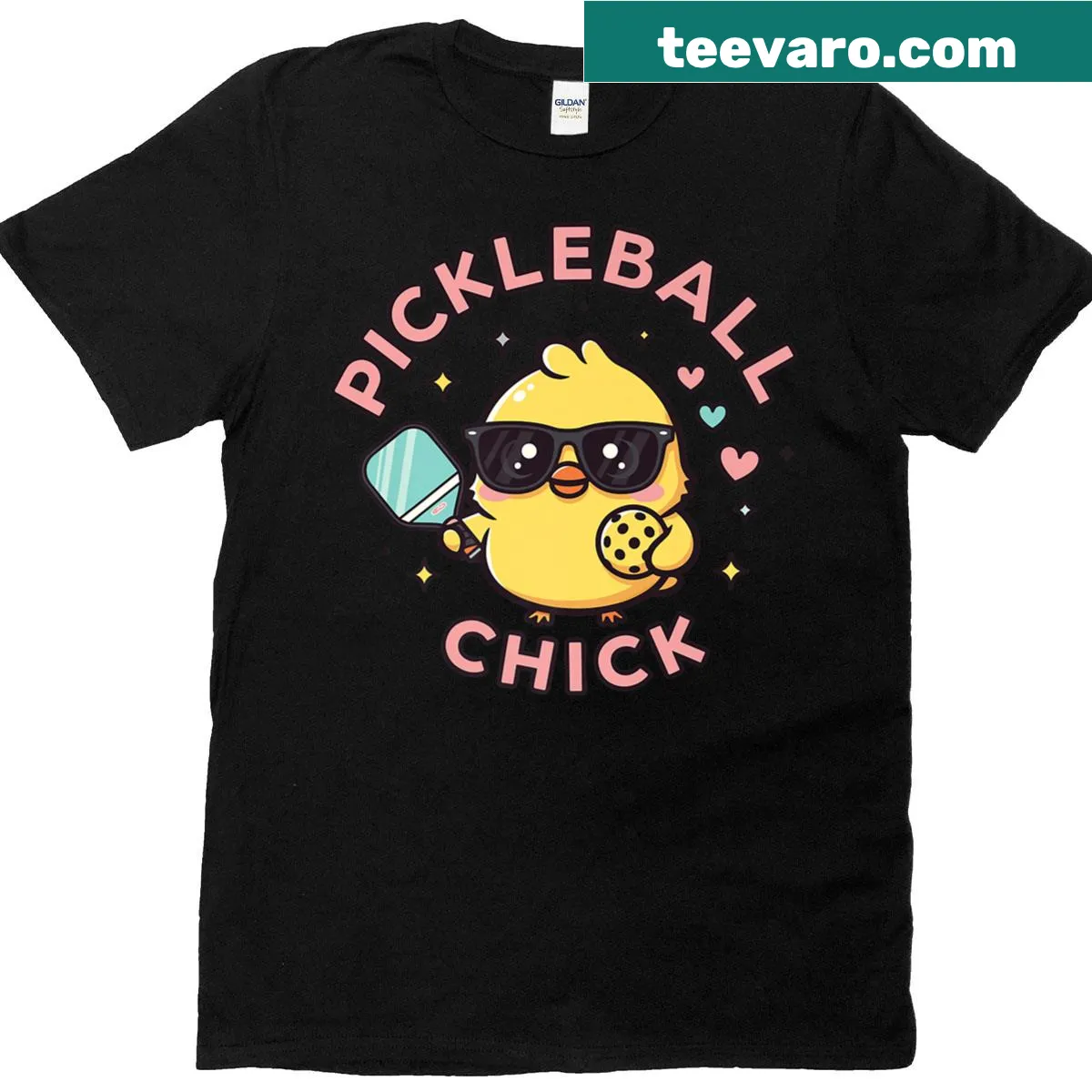 Cartoon chick playing pickleball on kids' t-shirt — on a men's t-shirt