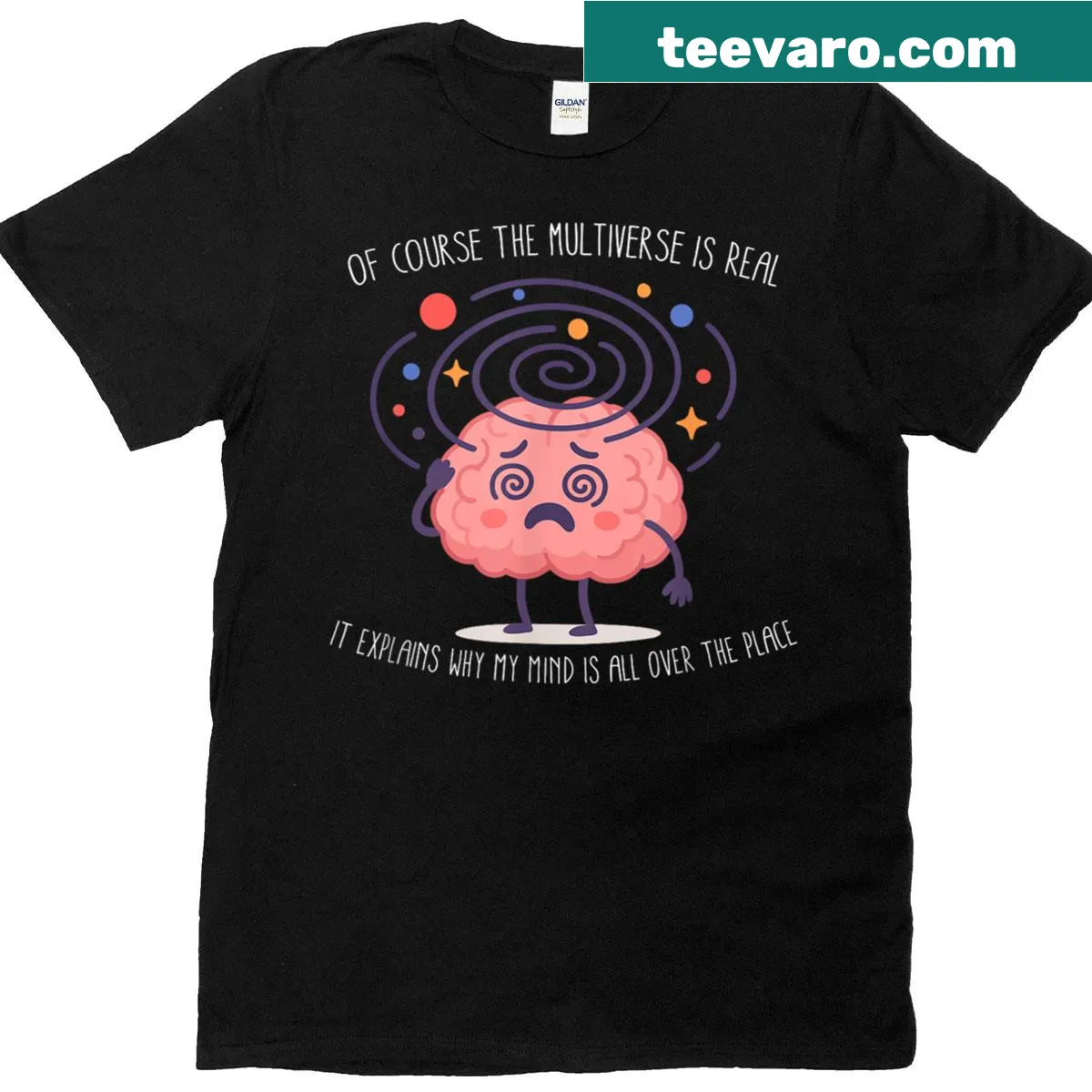 Cartoon characters from a multiverse design — on a men's t-shirt
