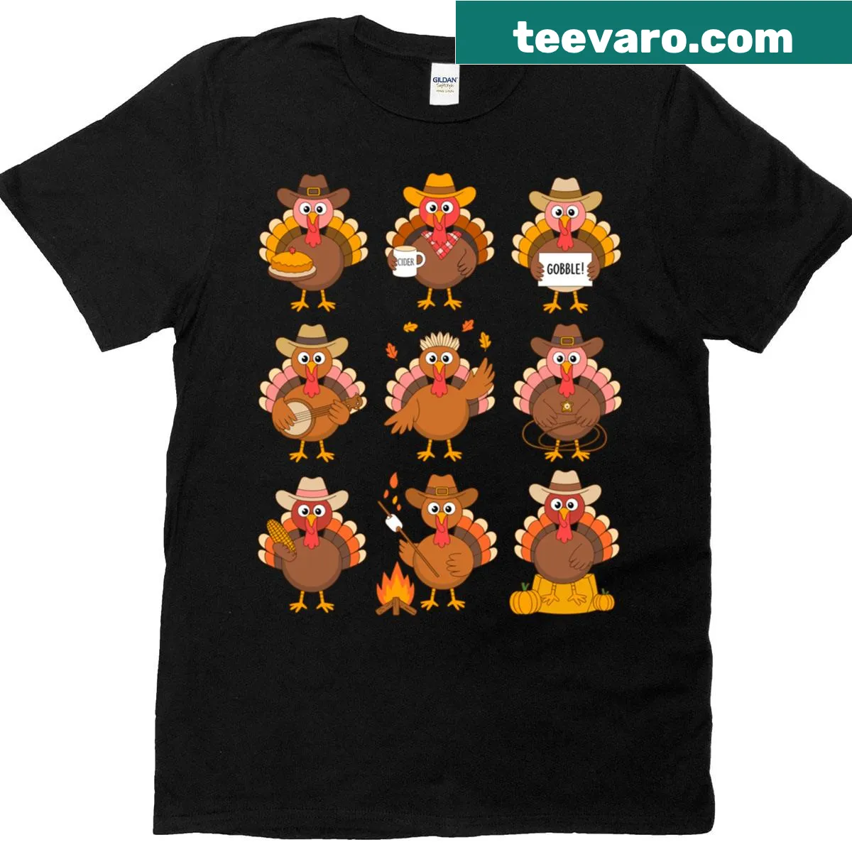 Cartoon turkey in pilgrim attire for Thanksgiving design — on a men's t-shirt
