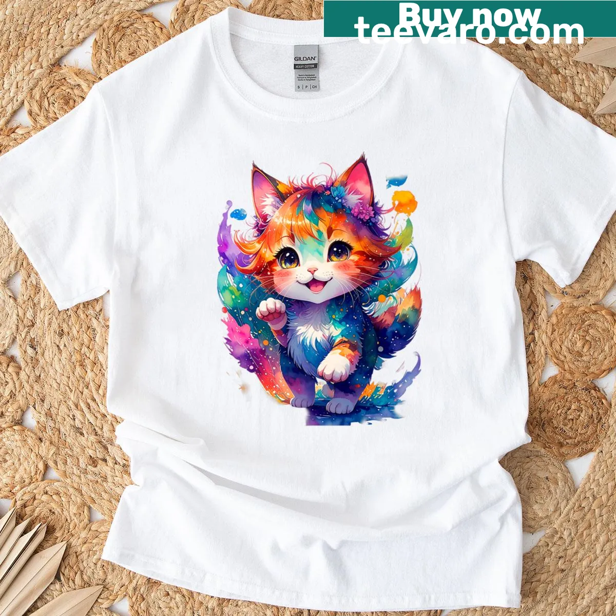 Whimsical cartoon cat with big eyes on a playful T-shirt — on a men's t-shirt