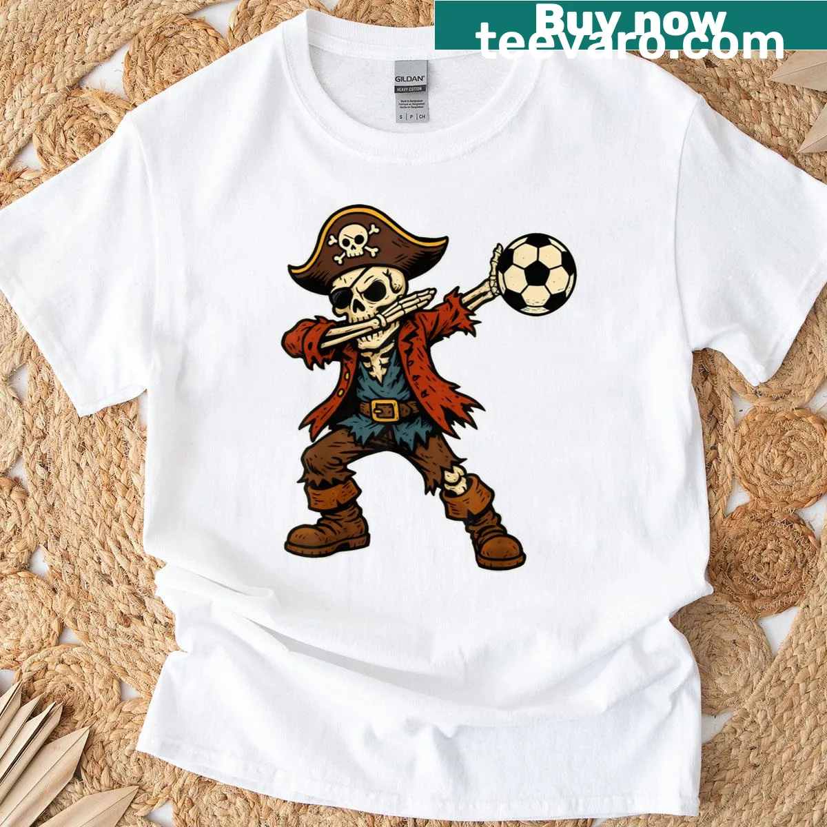 Cartoon T-shirt with dabbing skeleton pirate design — on a men's t-shirt