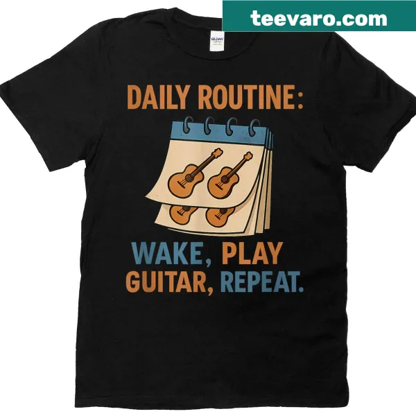 Graphic T-shirt with a playful music routine design featuring a guitar
