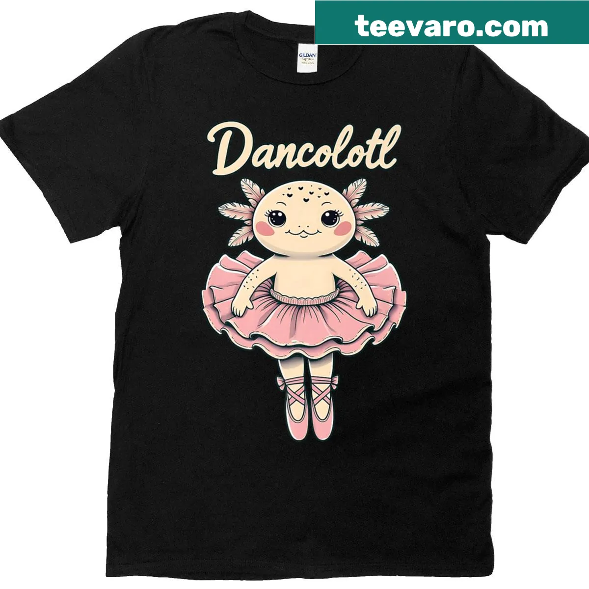 Cute cartoon axolotl in ballet pose on a premium T-shirt — on a men's t-shirt