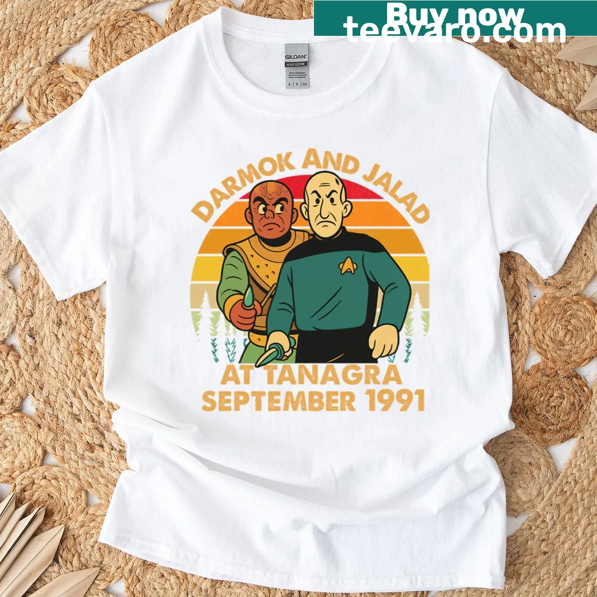 Retro sunset T-shirt with 'Darmok and Jalad at Tanagra' text — on a men's t-shirt
