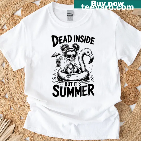 T-shirt featuring a skeleton on a flamingo pool float with humorous text