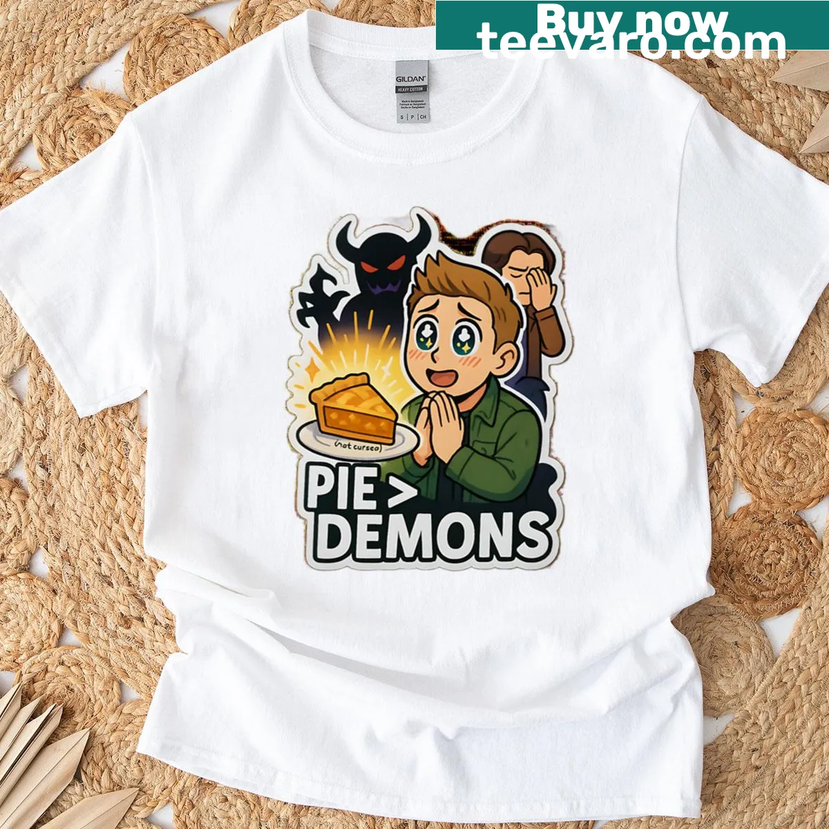 Oversized T-shirt featuring Dean Winchester's love for pie and demons — on a men's t-shirt