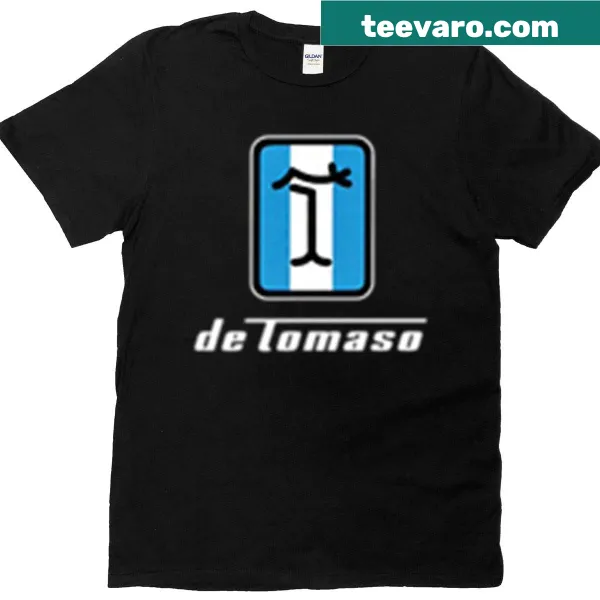 T-shirt featuring bold typography of Detomaso Automobili