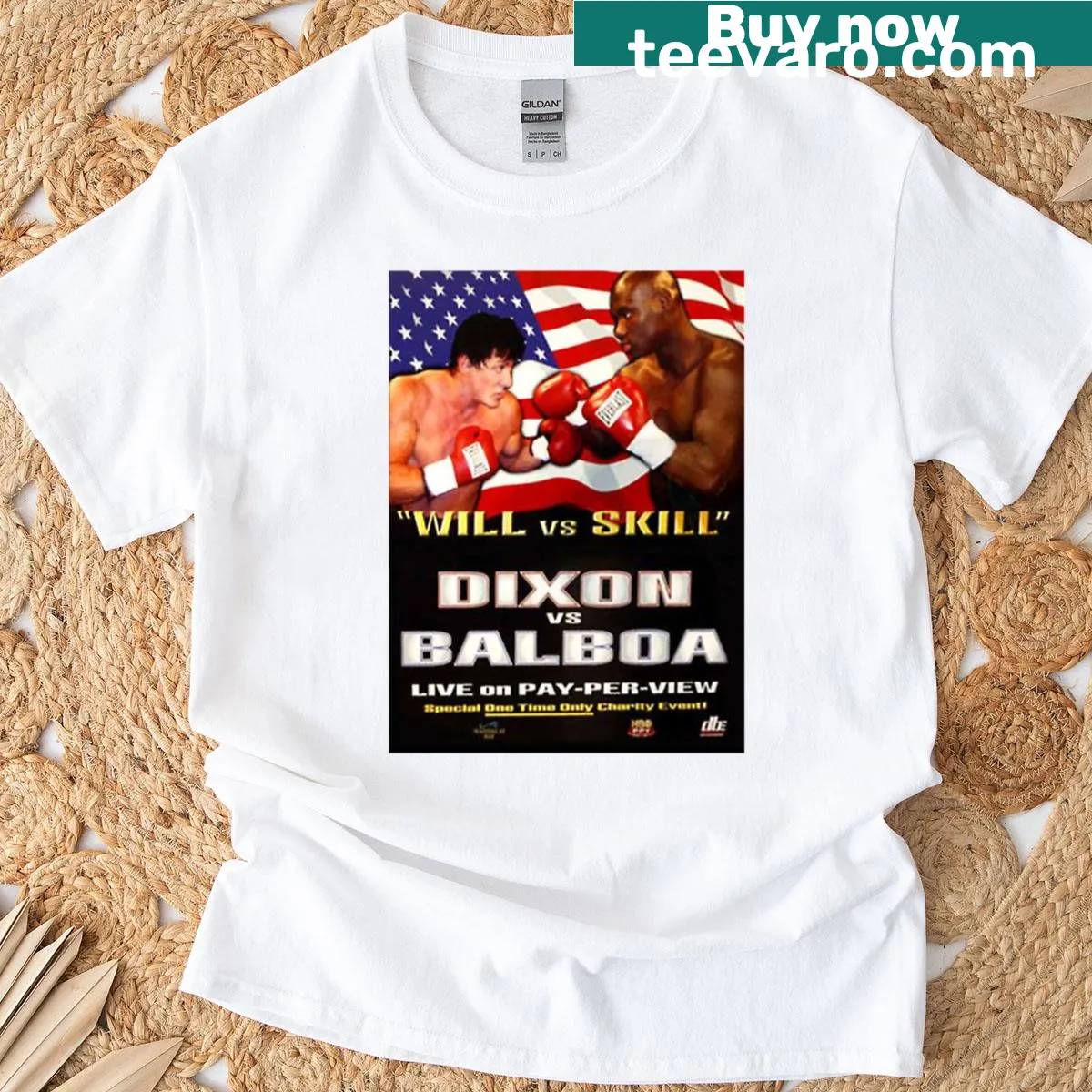 Nostalgic boxing T-shirt featuring Dixon vs. Balboa graphic — on a men's t-shirt