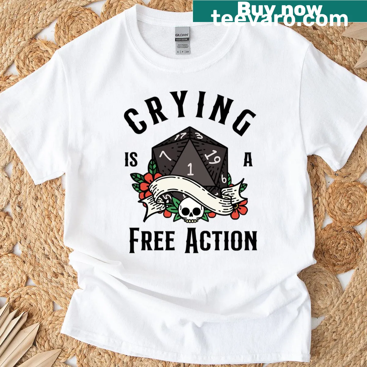 Illustration of a D20 dice with a funny phrase about critical failures — on a men's t-shirt