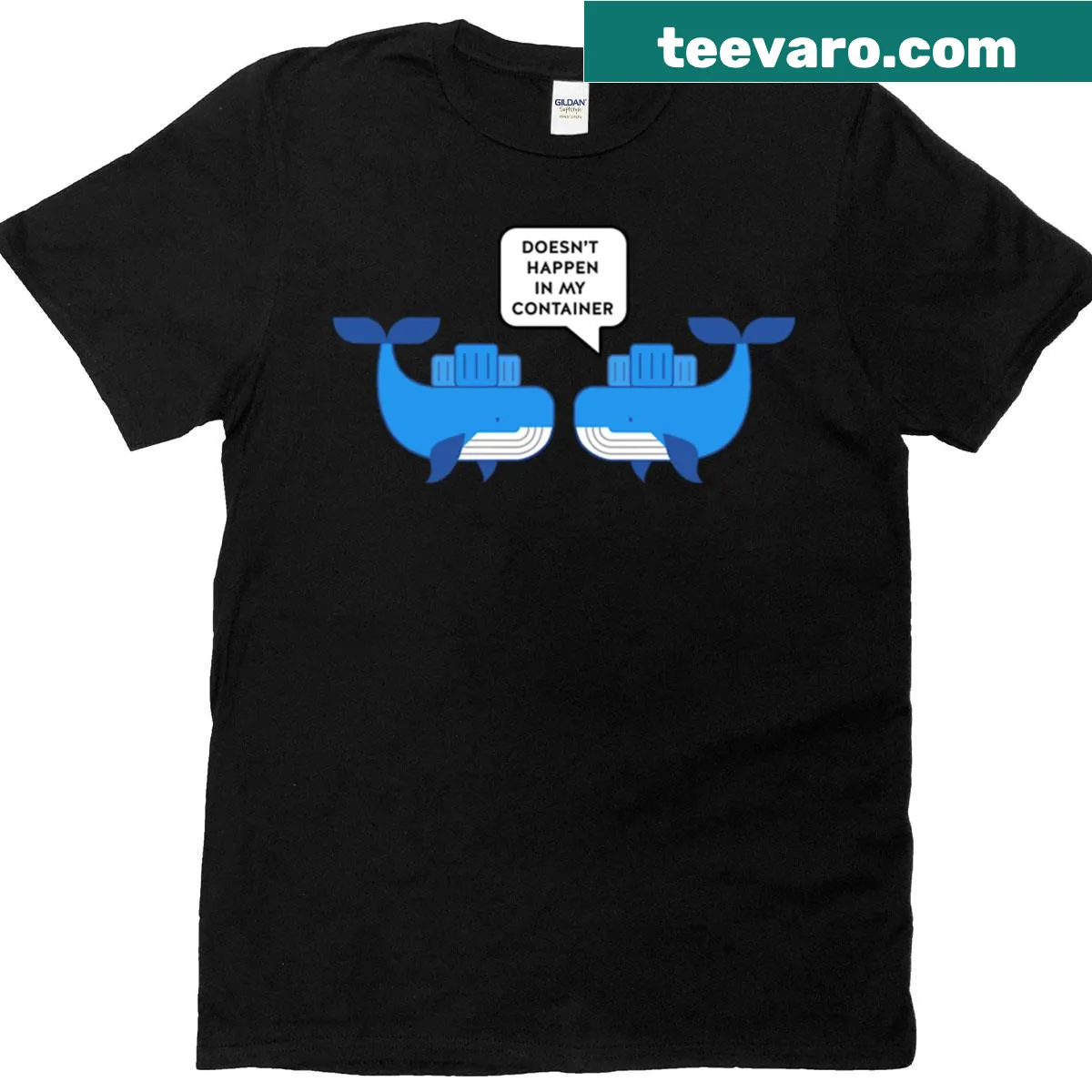 Witty t-shirt with Docker container dialogue graphic — on a men's t-shirt