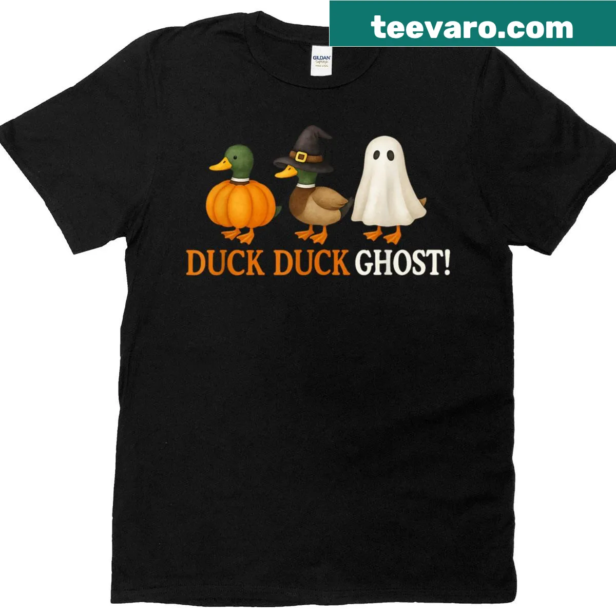 Cartoon ducks and ghosts graphic for Halloween on a T-shirt — on a men's t-shirt