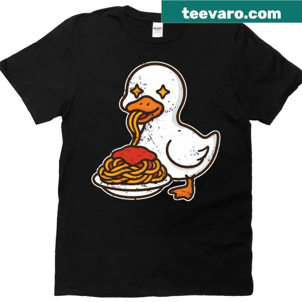 Cartoon duck enjoying pasta graphic on a T-shirt