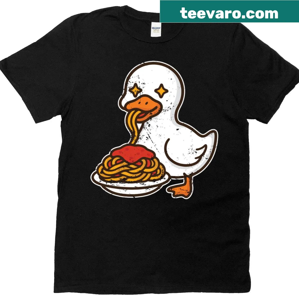 Cartoon duck enjoying pasta graphic on a T-shirt — on a men's t-shirt