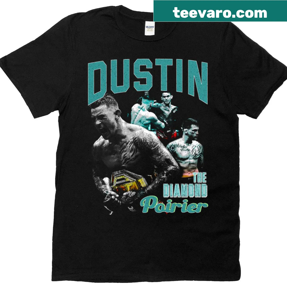 Vintage Dustin Poirier shirt with bold lettering and emblem — on a men's t-shirt