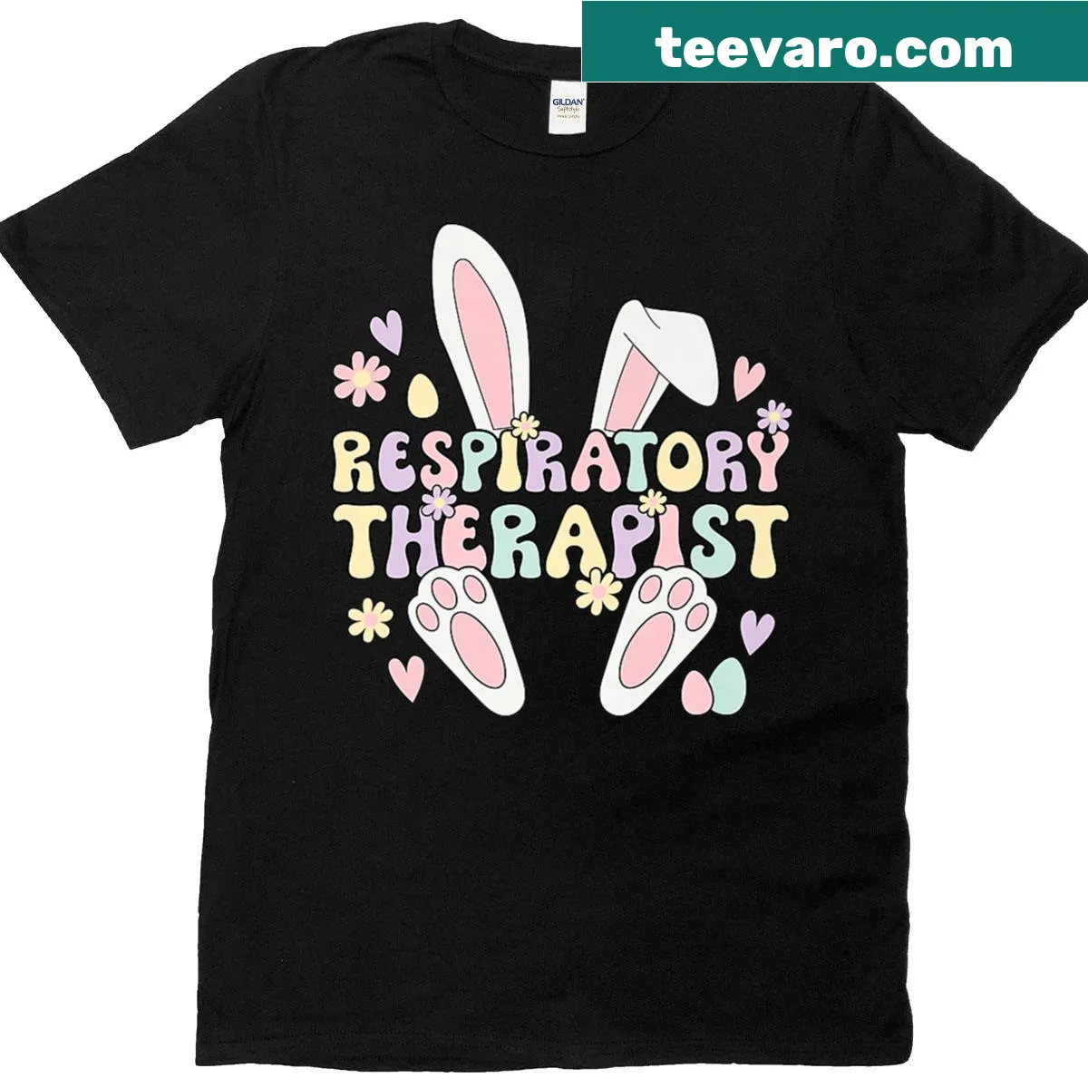 Playful Easter Bunny design featuring a respiratory therapist in a fun T-shirt. — on a men's t-shirt