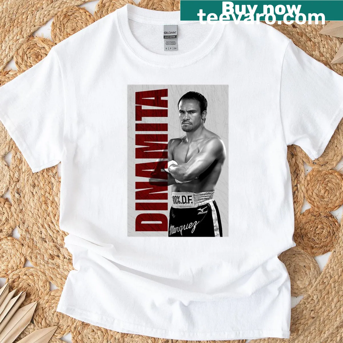 Graphic T-shirt with an El Dinamita sticker design — on a men's t-shirt