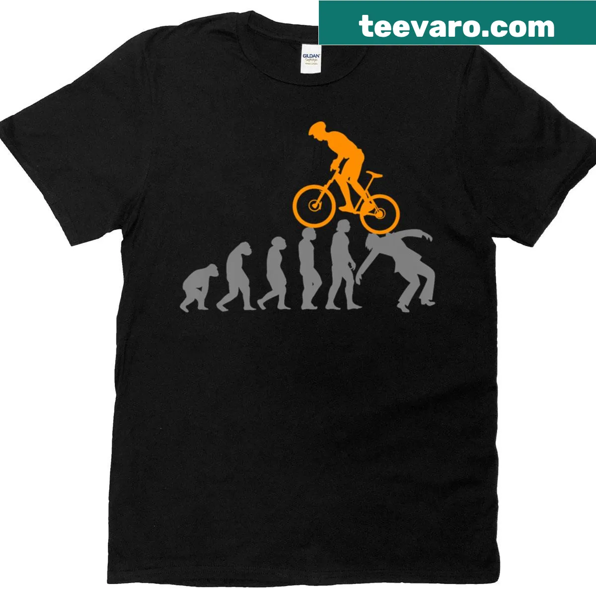 Mountain biking evolution typography t-shirt — on a men's t-shirt