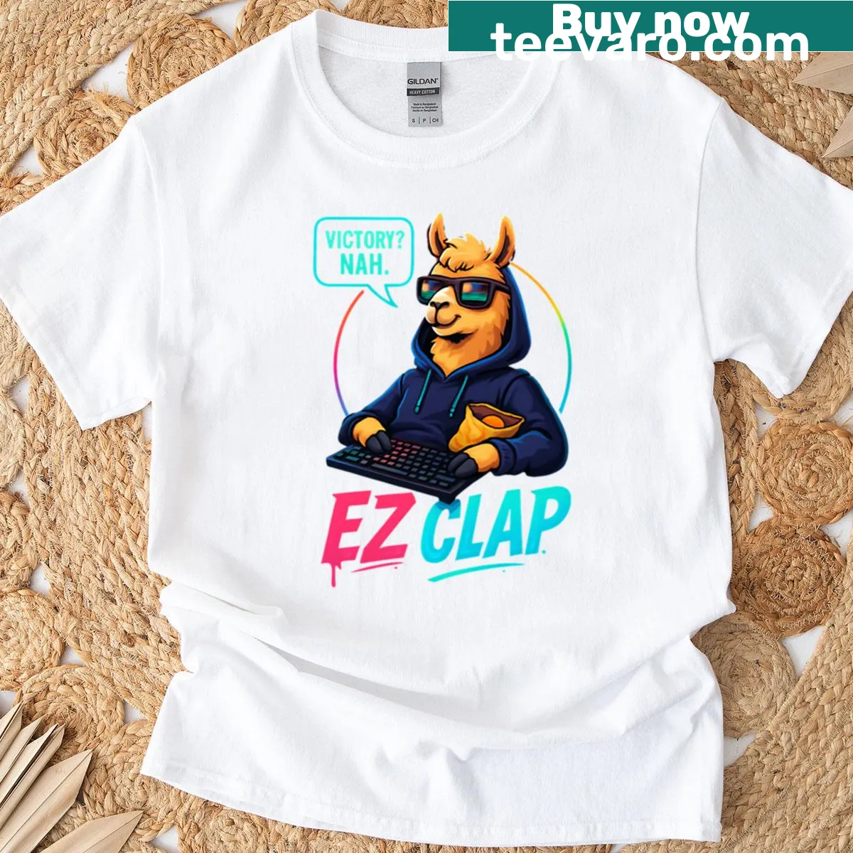 Boxy t-shirt featuring a funny llama meme with 'Ez Clap.' — on a men's t-shirt