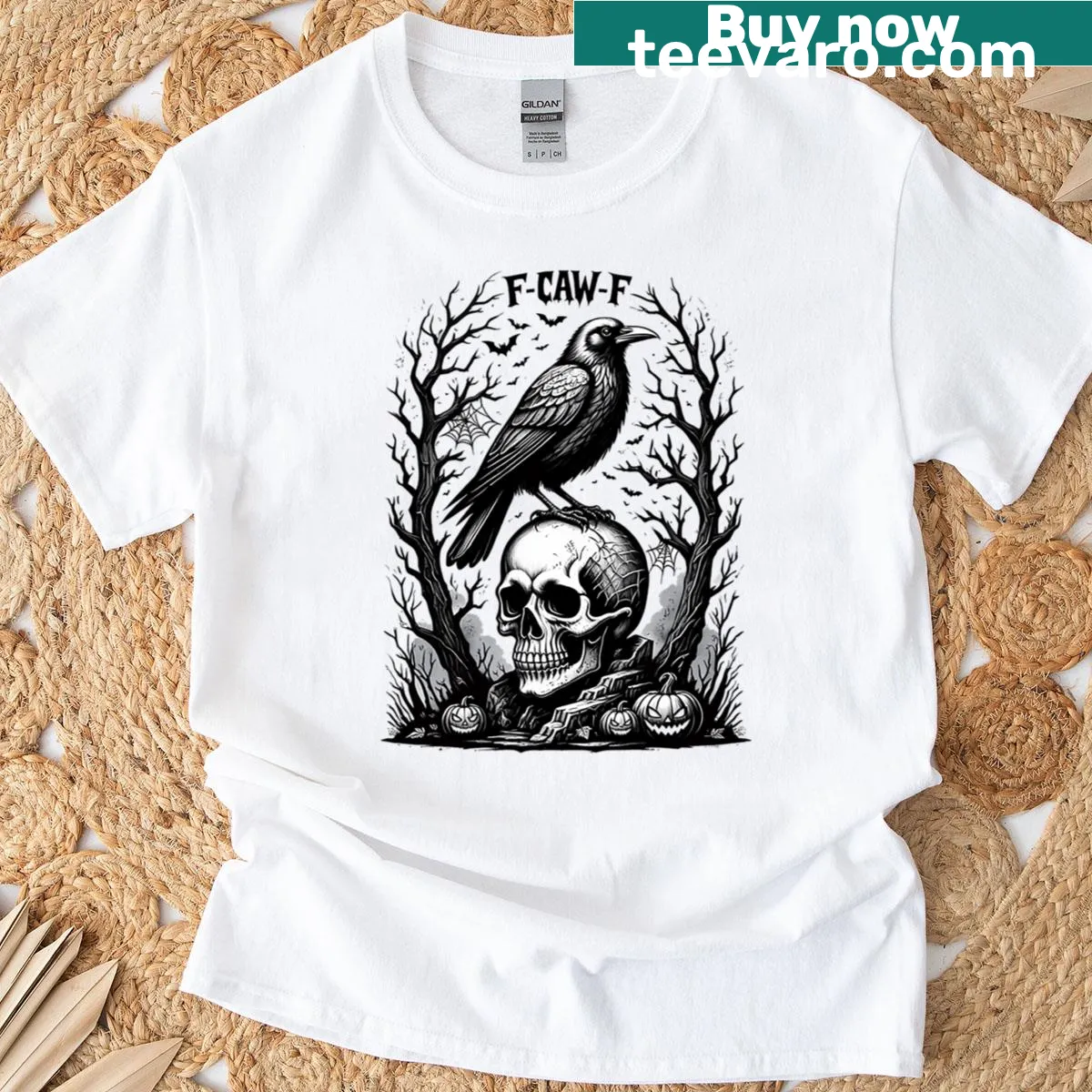 Gothic T-shirt with crow skull and humorous text 'F Caw F.' — on a men's t-shirt