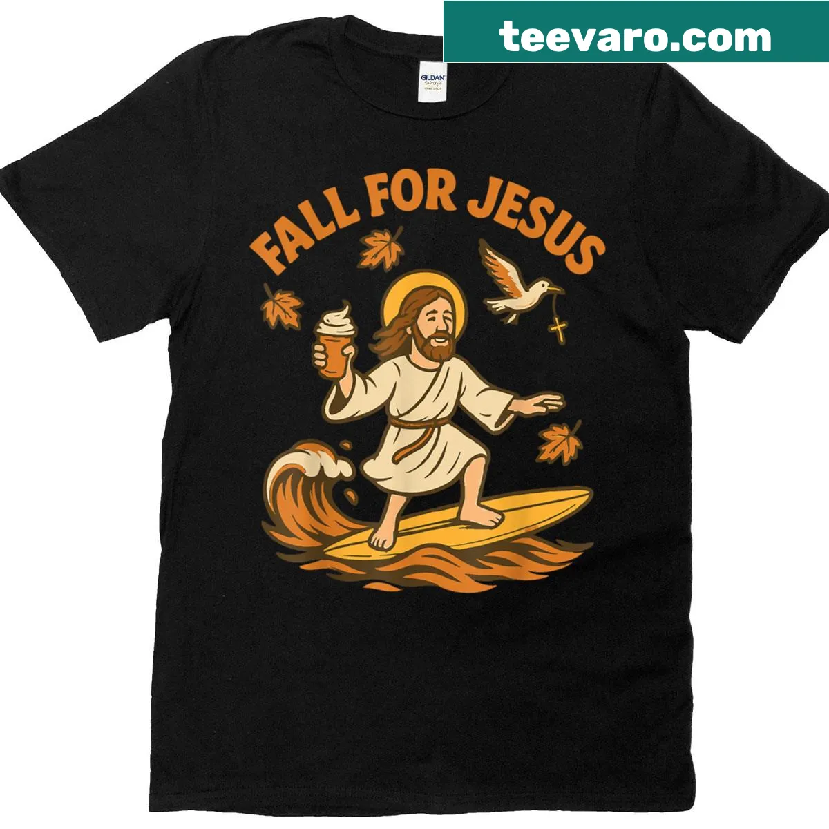 Funny autumn-themed Christian T-shirt with Fall For Jesus text — on a men's t-shirt