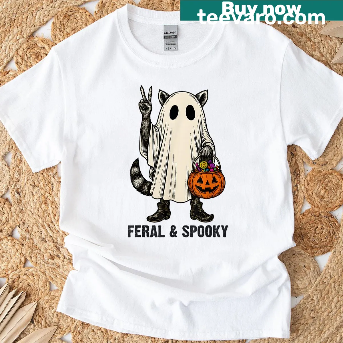 Funny Halloween t-shirt with a creepy cartoon raccoon — on a men's t-shirt