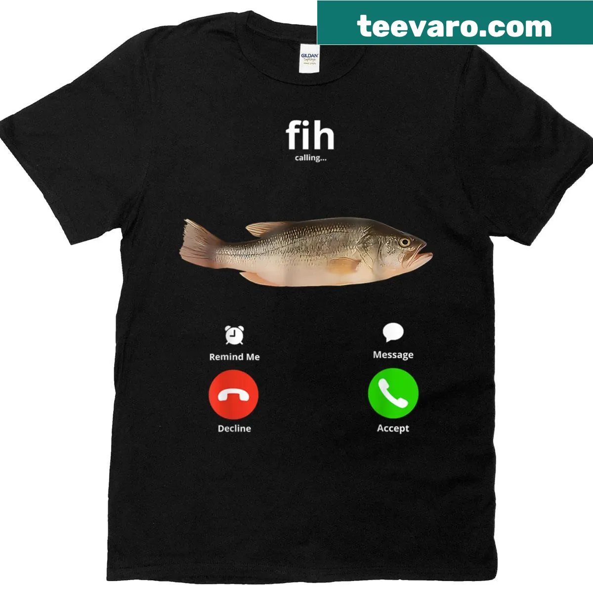 Humorous T-shirt with 'Fih Calling' text and fishing theme — on a men's t-shirt