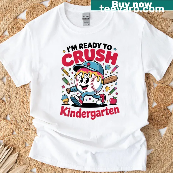 Cute kids T-shirt for first day of kindergarten featuring baseball and ice graphics