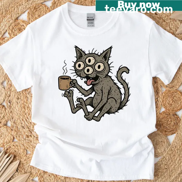 Cartoon cat with five eyes drinking coffee design.