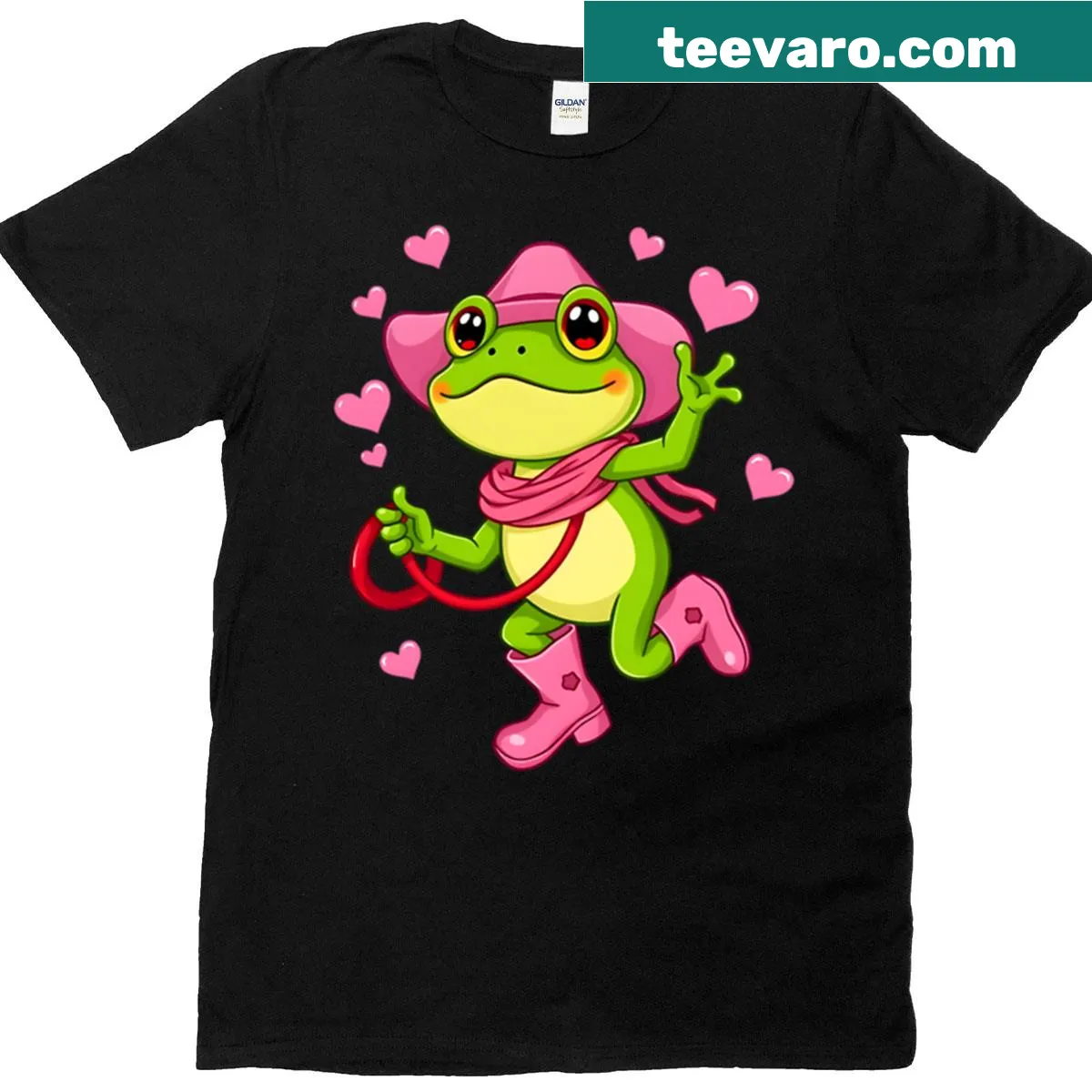Playful T-shirt featuring a frog cowgirl illustration — on a men's t-shirt