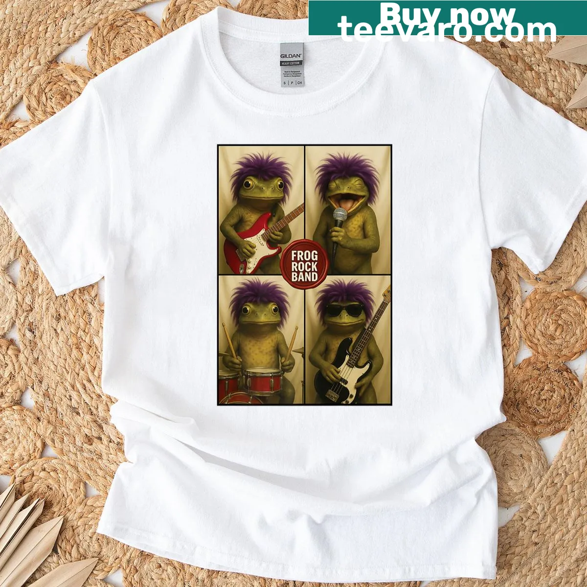 Cartoon frog band taking a selfie with guitars. — on a men's t-shirt