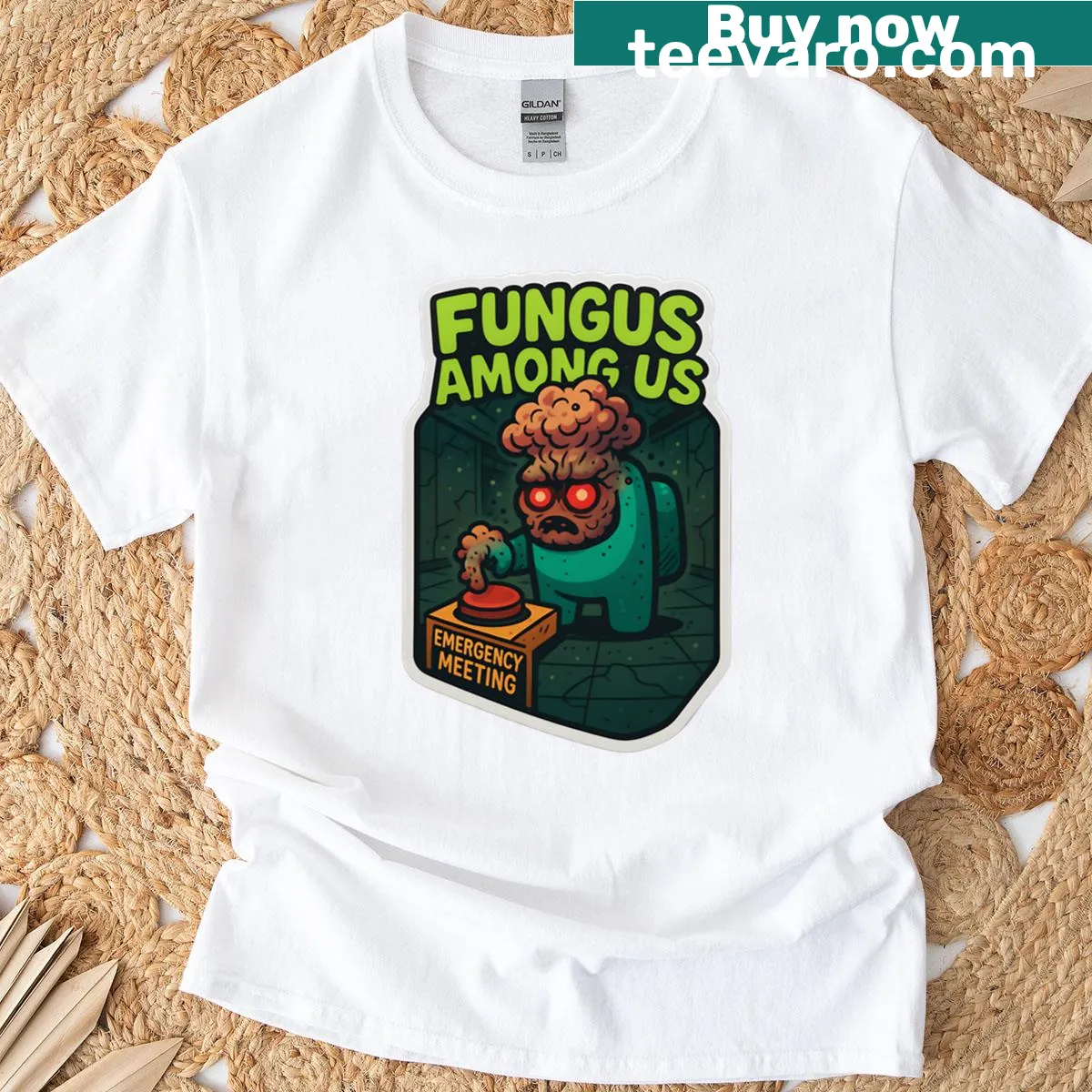 Funny T-shirt with 'Fungus Among Us' emergency meeting graphic — on a men's t-shirt