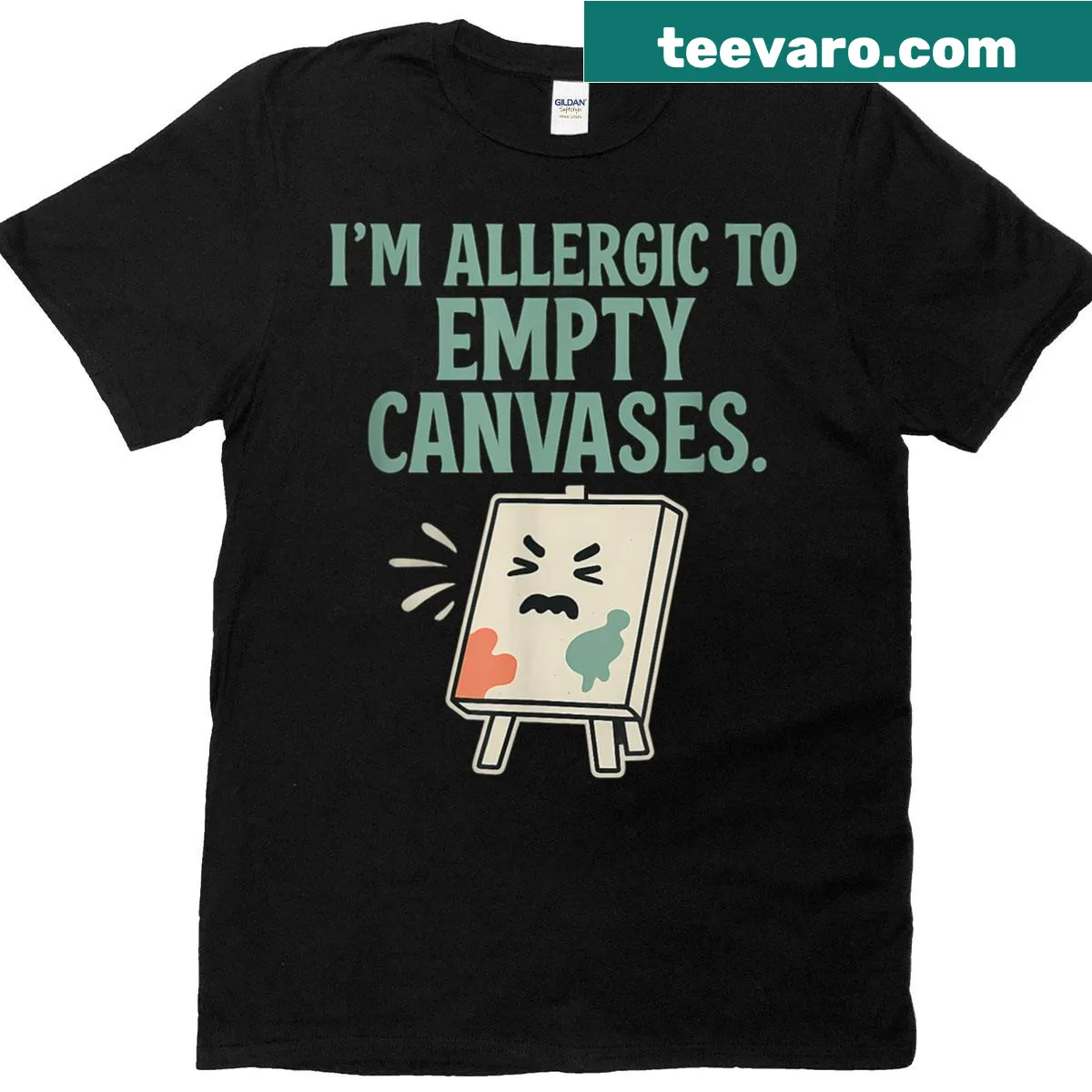 Humorous artist t-shirt with 'I'm Allergic to Empty Canvases' text — on a men's t-shirt