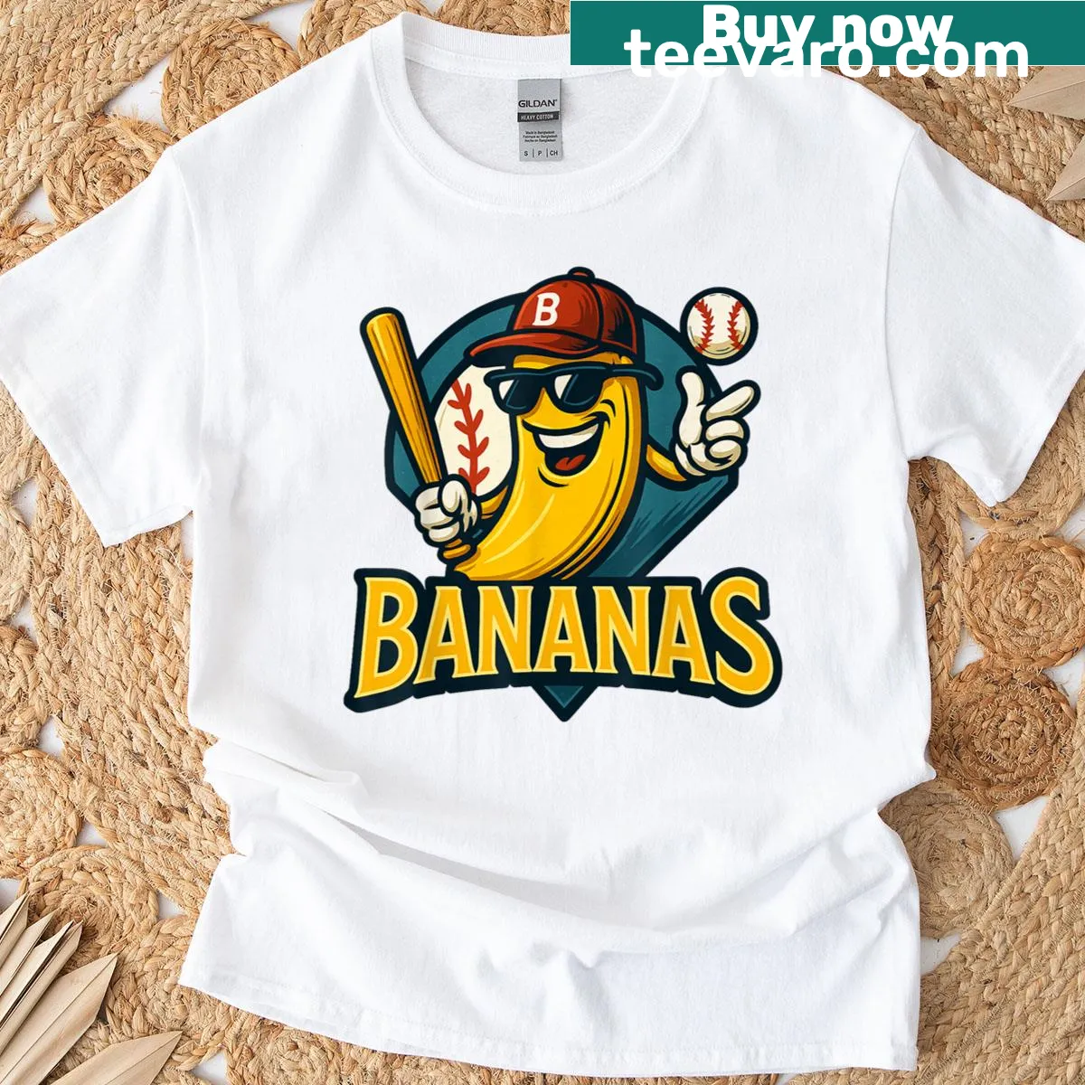 Cartoon banana baseball team mascot t-shirt for sports fans — on a men's t-shirt