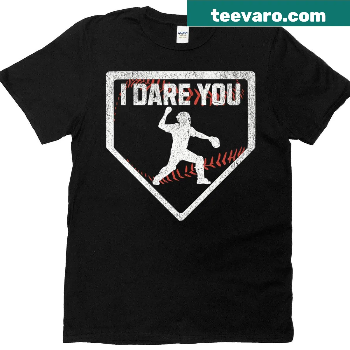 Funny baseball catcher t-shirt with 'I Dare You' quote — on a men's t-shirt
