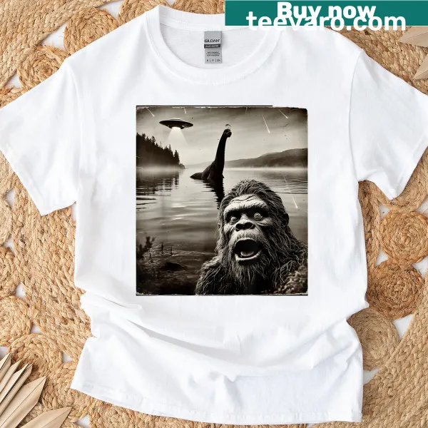 Funny graphic of Bigfoot with Loch Ness Monster and UFOs on a T-shirt.