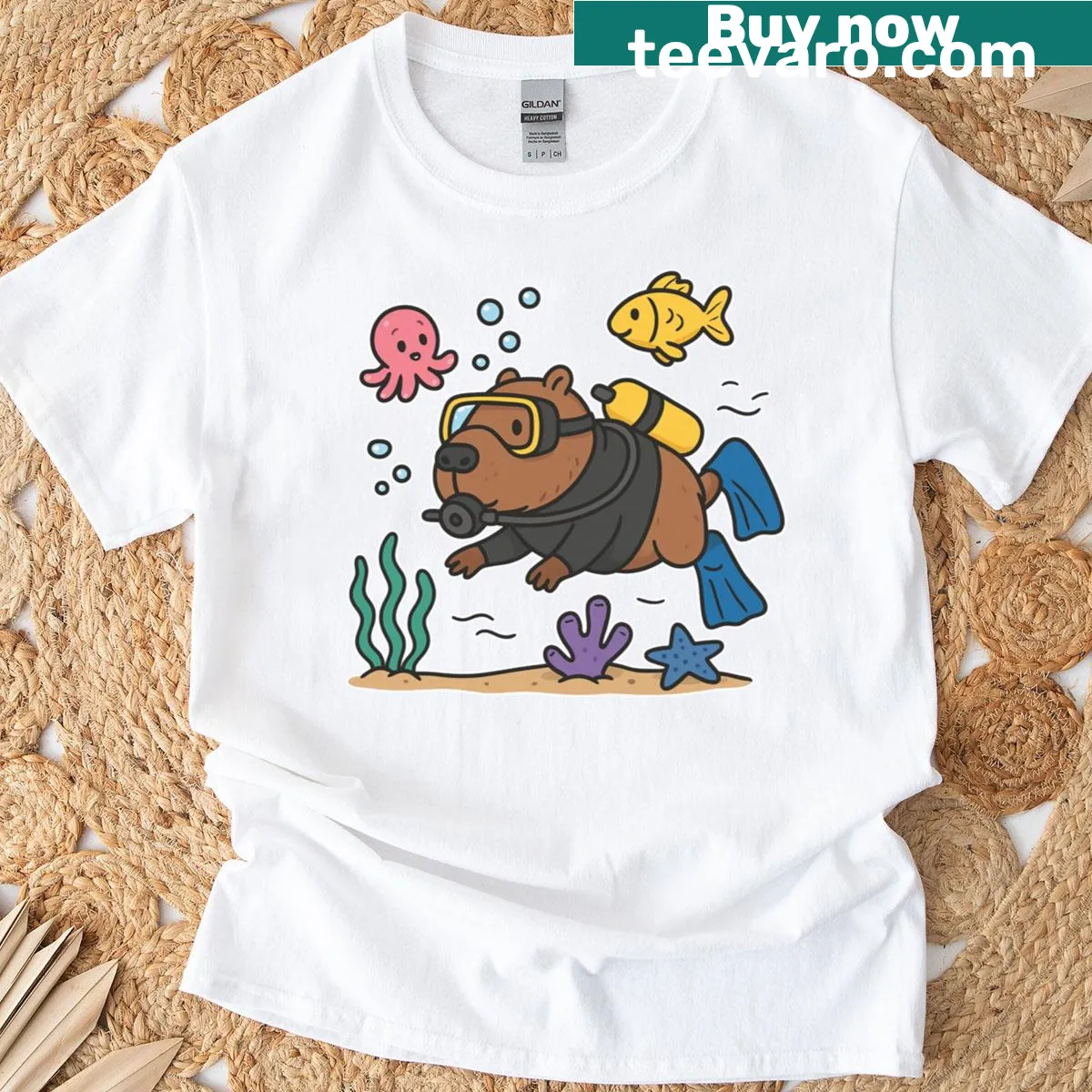 Cartoon capybara scuba diver design on a T-shirt. — on a men's t-shirt