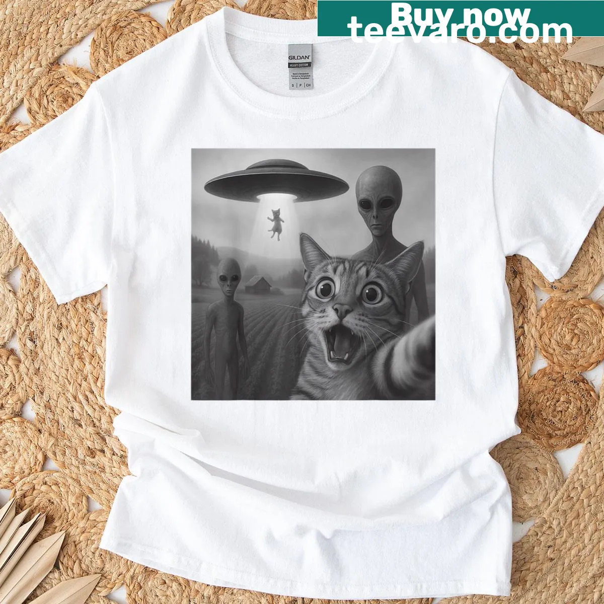Funny cat selfie with alien and UFO design. — on a men's t-shirt
