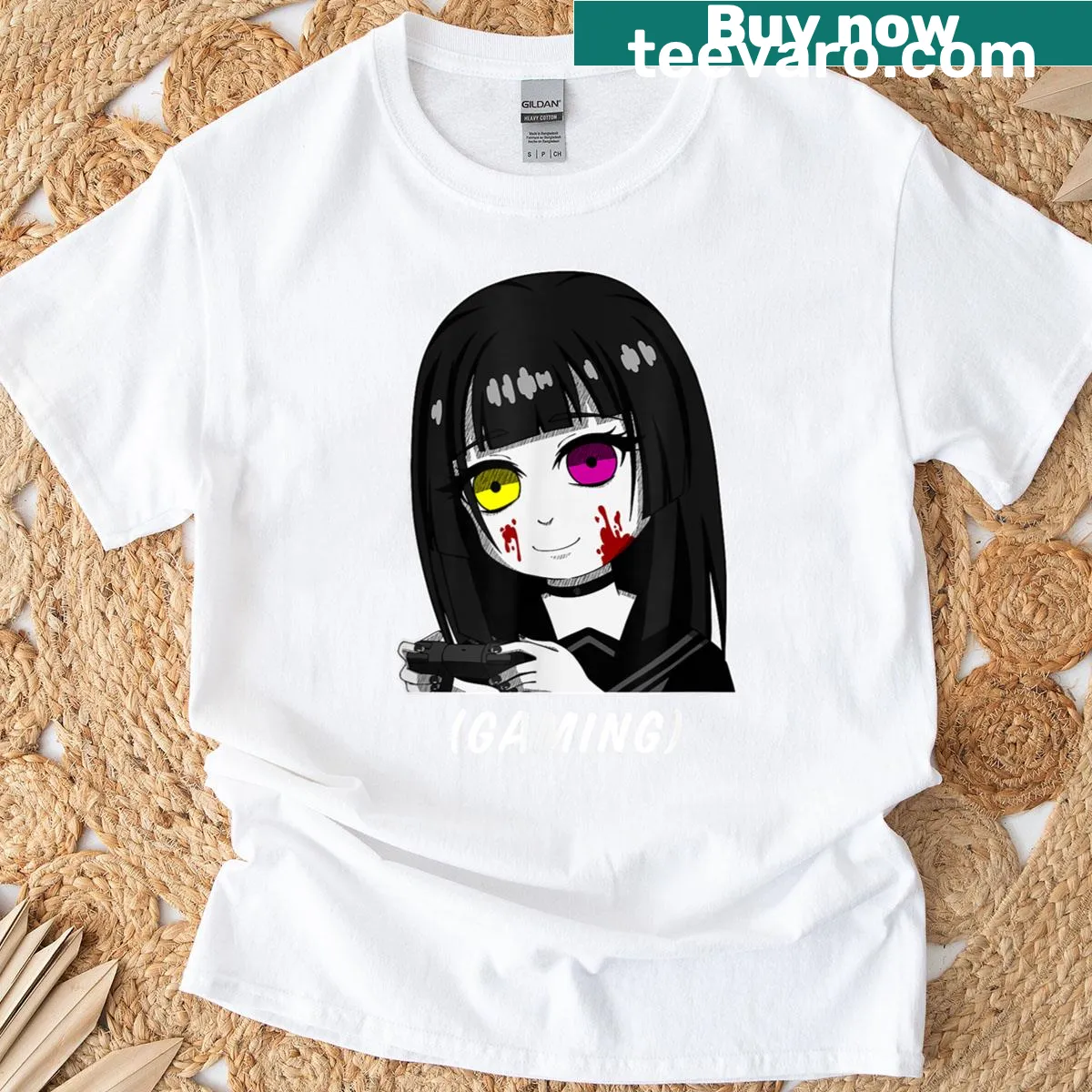 Chibi girl with a game controller on a gaming-themed t-shirt — on a men's t-shirt