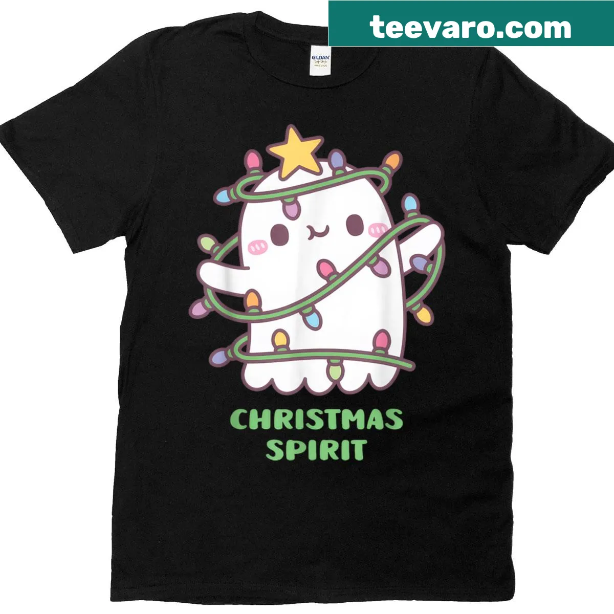 Cute ghost with Christmas lights graphic t-shirt for kids — on a men's t-shirt