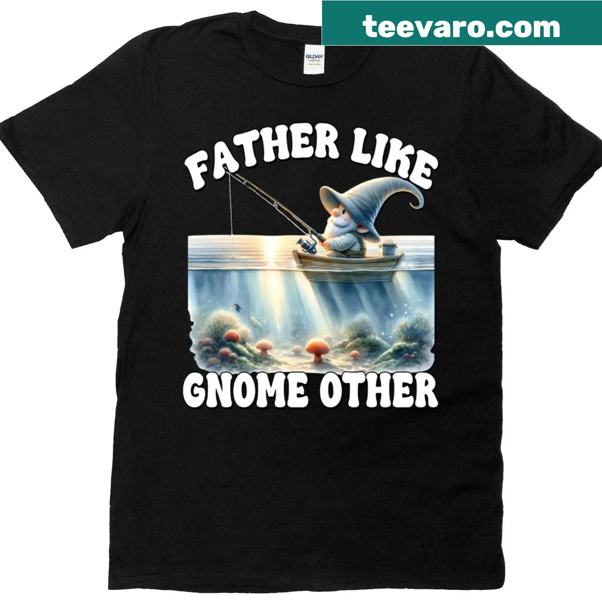Illustrated gnome with humorous fishing-related text on a T-shirt — on a men's t-shirt
